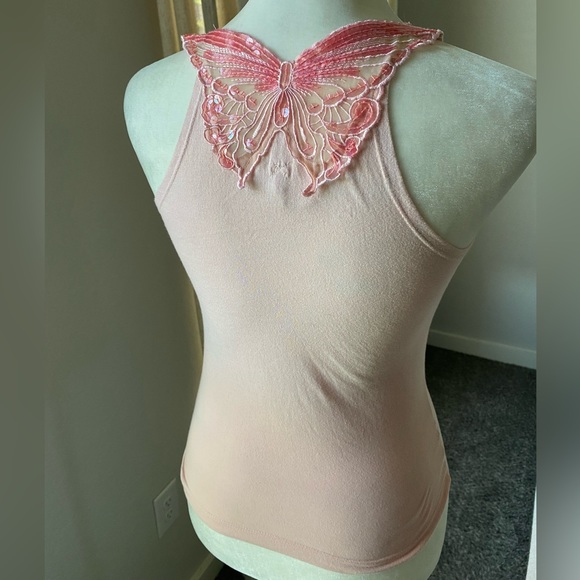 RARE Y2K Free People Sequin Pink Butterfly Tank - Picture 2 of 7